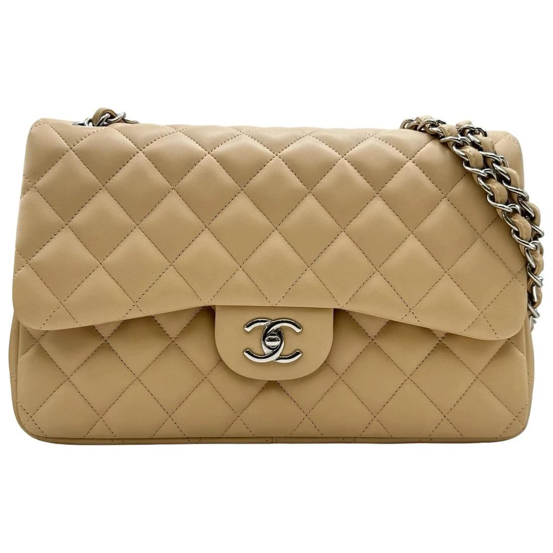 CHANEL SERIES BEIGE SHW LAMBSKIN SHOULDER BAG: CHANEL Series Beige SHW Lambskin Shoulder Bag Brand: CHANEL Type/Style: Shoulder Bag Material: Lambskin Color: Beige / SV Hardware Size: W: 30cm / H: 19.5cm / D: 8.5cm Accessories: None Accessories