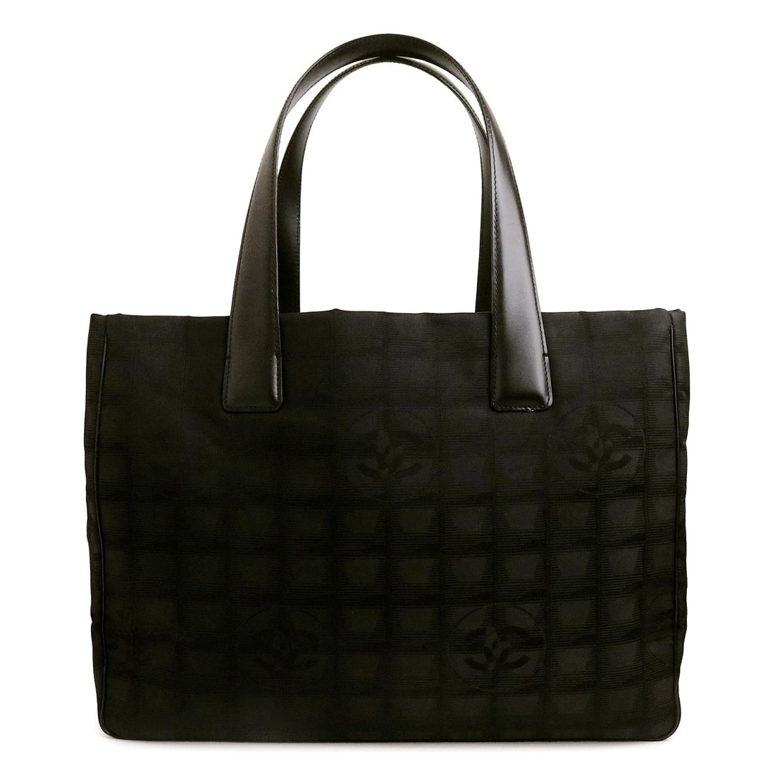 CHANEL TRAVEL LINE MM JACQUARD BLACK TOTE BAG: CHANEL Travel Line MM Jacquard Black Tote Bag Brand: CHANEL Type/Style: Tote Bag Material: Nylon Jacquard / Calfskin (Cowhide) Color: Black Size: W:35cm x H:26cm x D:15cm Accessories: None