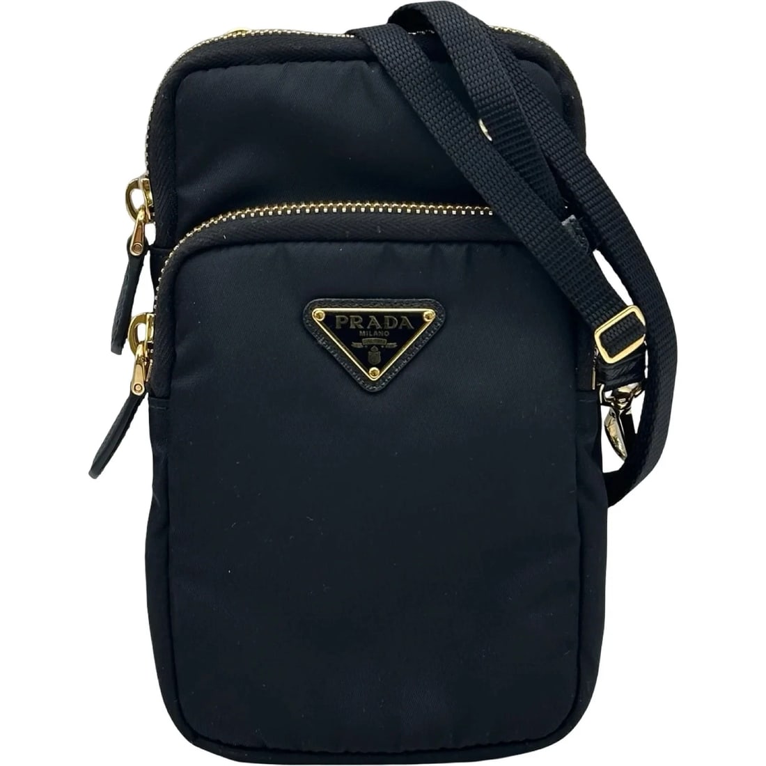 PRADA TRIANGLE LOGO PHONE SHOULDER BAG: PRADA Triangle Logo Phone Shoulder Bag Brand: PRADA Type/Style: Shoulder Bag Material: Nylon Color: Black / GD Hardware Size: W: 10cm / H: 17cm / D: 1.5cm Accessories: None Accessories Not