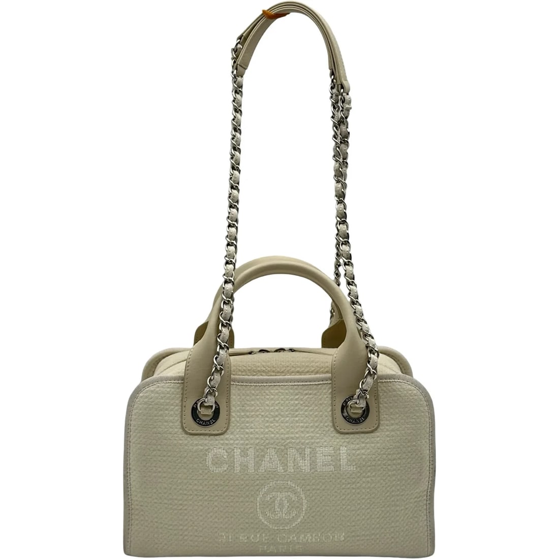 CHANEL WHITE CANVAS/LEATHER SHOULDER BAG: CHANEL White Canvas/Leather Shoulder Bag Brand: CHANEL Type/Style: Shoulder Bag Material: Canvas/Leather Color: white Size: W: 27cm / H: 17cm / D: 11cm Accessories: None Accessories Notice