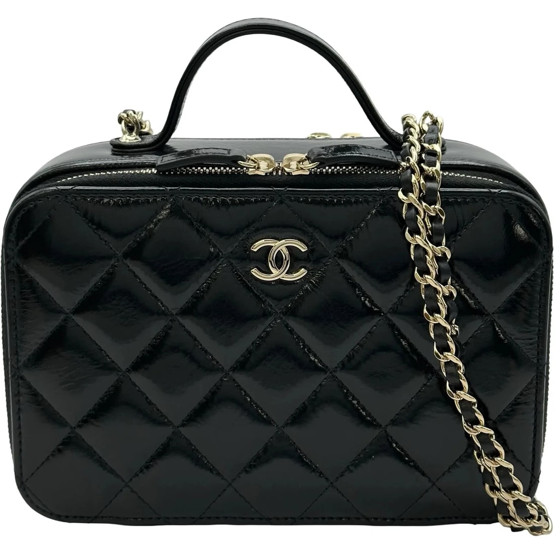 CHANEL TOP HANDLE VANITY CASE SHOULDER BAG: CHANEL Top Handle Vanity Case Shoulder Bag Brand: CHANEL Type/Style: Shoulder Bag Material: Shiny Lambskin Color: Black / GD Hardware Size: W: 18.5cm / H: 13cm / D: 7cm Accessories: None A