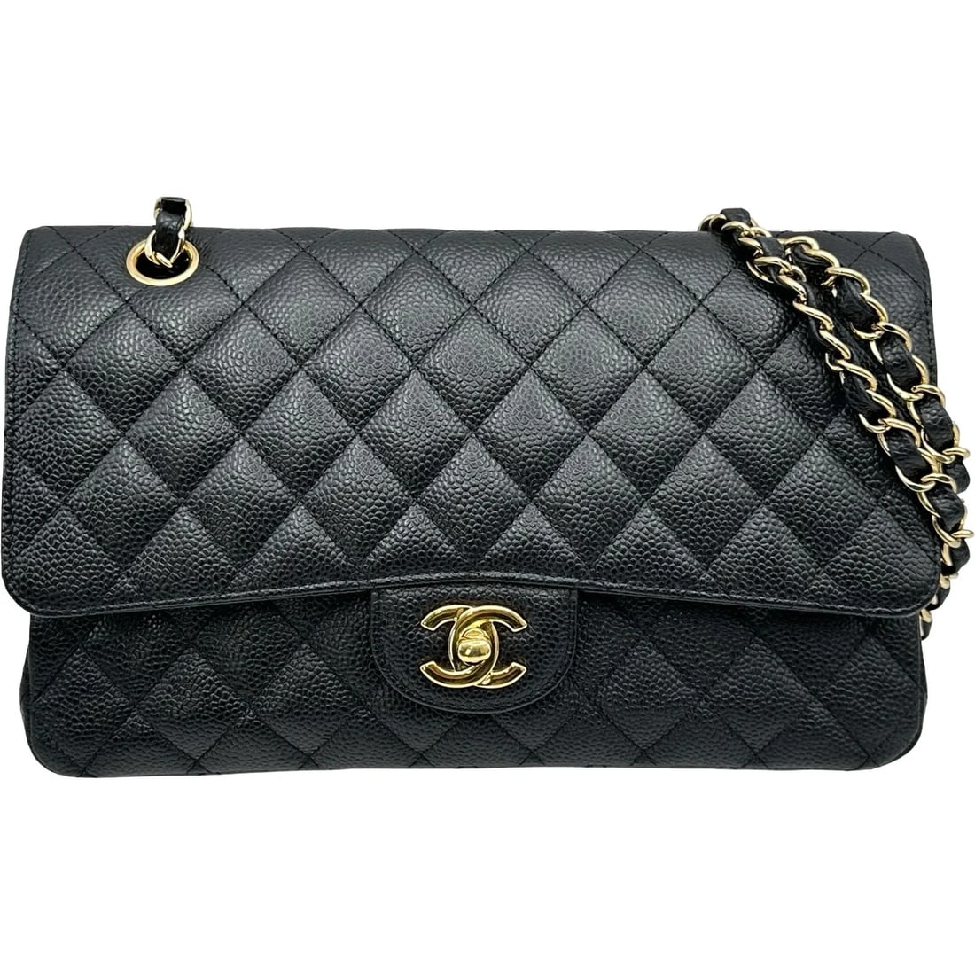 CHANEL BLACK GHW CAVIAR SKIN SHOULDER BAG: CHANEL Black GHW Caviar Skin Shoulder Bag Brand: CHANEL Type/Style: Shoulder Bag Material: Caviar Skin Color: Black/GD Hardware Size: W: 25cm / H: 15.5cm / D: 6.5cm Accessories: None Accessories