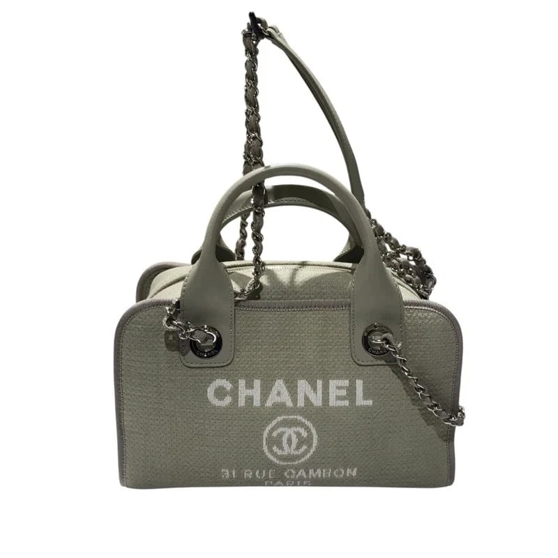CHANEL DEAUVILLE BOWLING BAG: CHANEL Deauville Bowling Bag Brand: CHANEL Type/Style: Shoulder Bag Material: Canvas Color: gray Size: W: 27cm / H: 16.5cm / D: 6cm Accessories: None Accessories Notice: When purchasing pre-owned