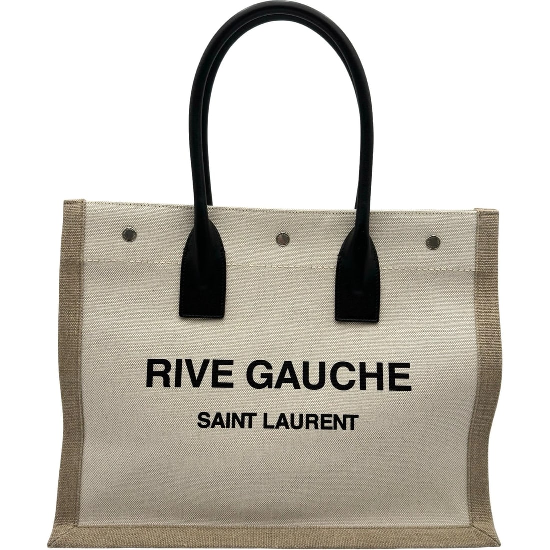 SAINT LAURENT RIVE GAUCHE IVORY CANVAS/LEATHER TOTE BAG: SAINT LAURENT Rive Gauche Ivory Canvas/Leather Tote Bag Brand: SAINT LAURENT Type/Style: Tote Bag Material: Canvas/Leather Color: ivory Size: W: 39cm / H: 31cm / D: 17.5cm Accessories: None