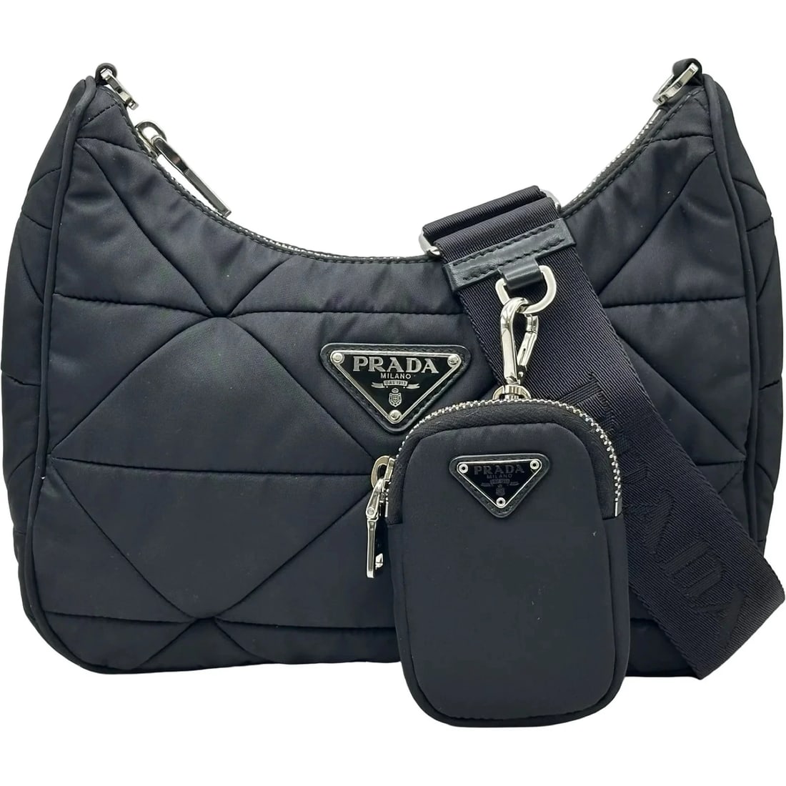 PRADA PADDED RE-NYLON SHOULDER BAG: PRADA Padded Re-Nylon Shoulder Bag Brand: PRADA Type/Style: Shoulder Bag Material: Quilted Leather Color: Black / SV Hardware Size: W: 24cm / H: 20.5cm / D: 7cm Accessories: None Accessori