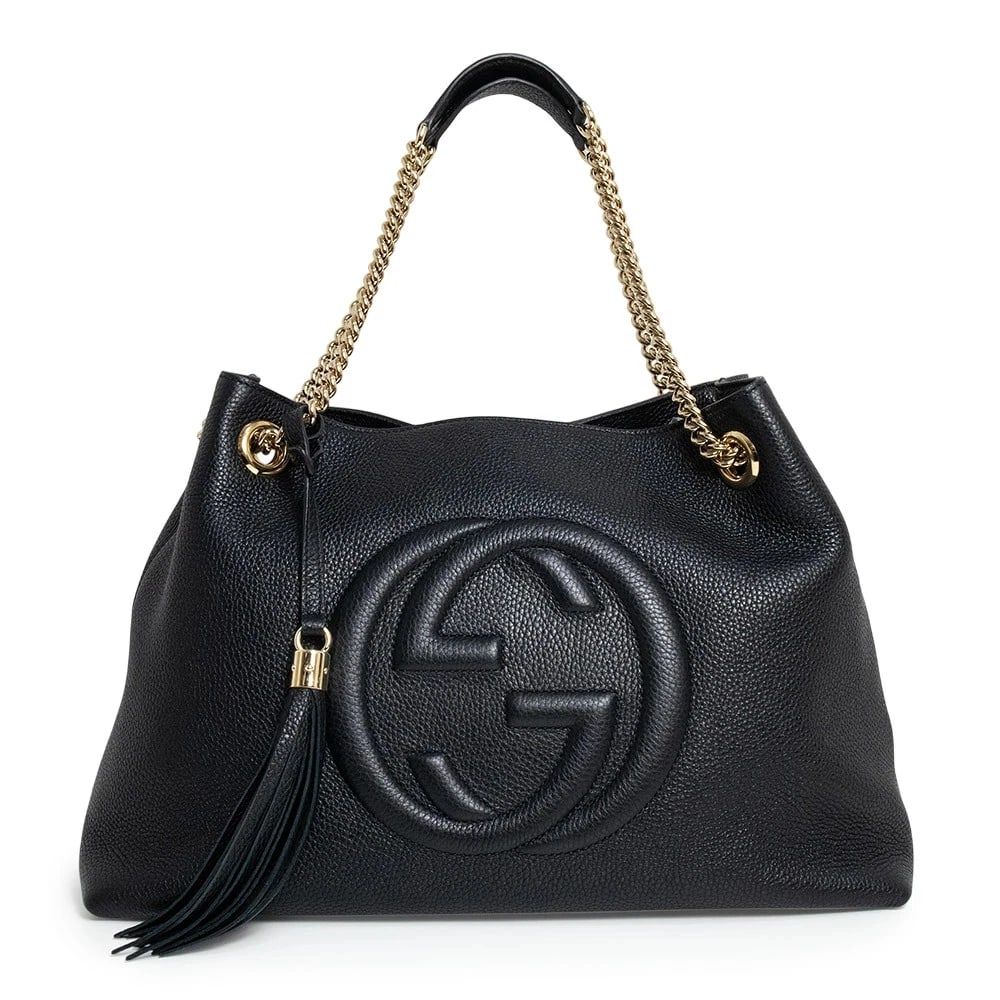 GUCCI G BLACK FRINGE TASSEL SHOULDER TOTE BAG: GUCCI G Black Fringe Tassel Shoulder Tote Bag Brand: GUCCI Type/Style: Shoulder Bag Material: Calfskin (Cowhide) Color: Black Size: W: 29cm x 38cm x H: 26cm x D: 14cm Accessories: None Acc