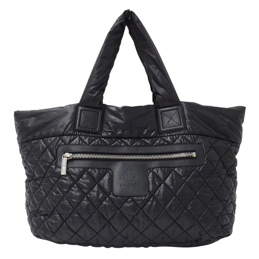 CHANEL COCO COCOON TOTE MM SHW: Chanel Coco Cocoon Tote MM SHW Brand: Chanel Type/Style: Tote Bag Material: Nylon Color: Black/Silver Hardware Size: W: 35~50cm / H: 26.5cm / D: 18cm Accessories: None Accessories Notice: When