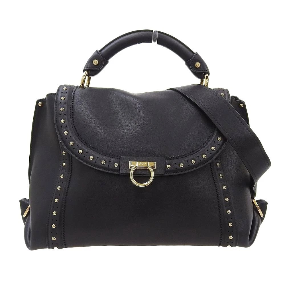 SALVATORE FERRAGAMO GANCINI STUDDED LEATHER BLACK: Salvatore Ferragamo Gancini Studded Leather Black Brand: Ferragamo Type/Style: Handbag Material: Leather Color: Black Size: W: 32.5cm / H: 25.5cm / D: 17cm Accessories: None Accessories Notice: When
