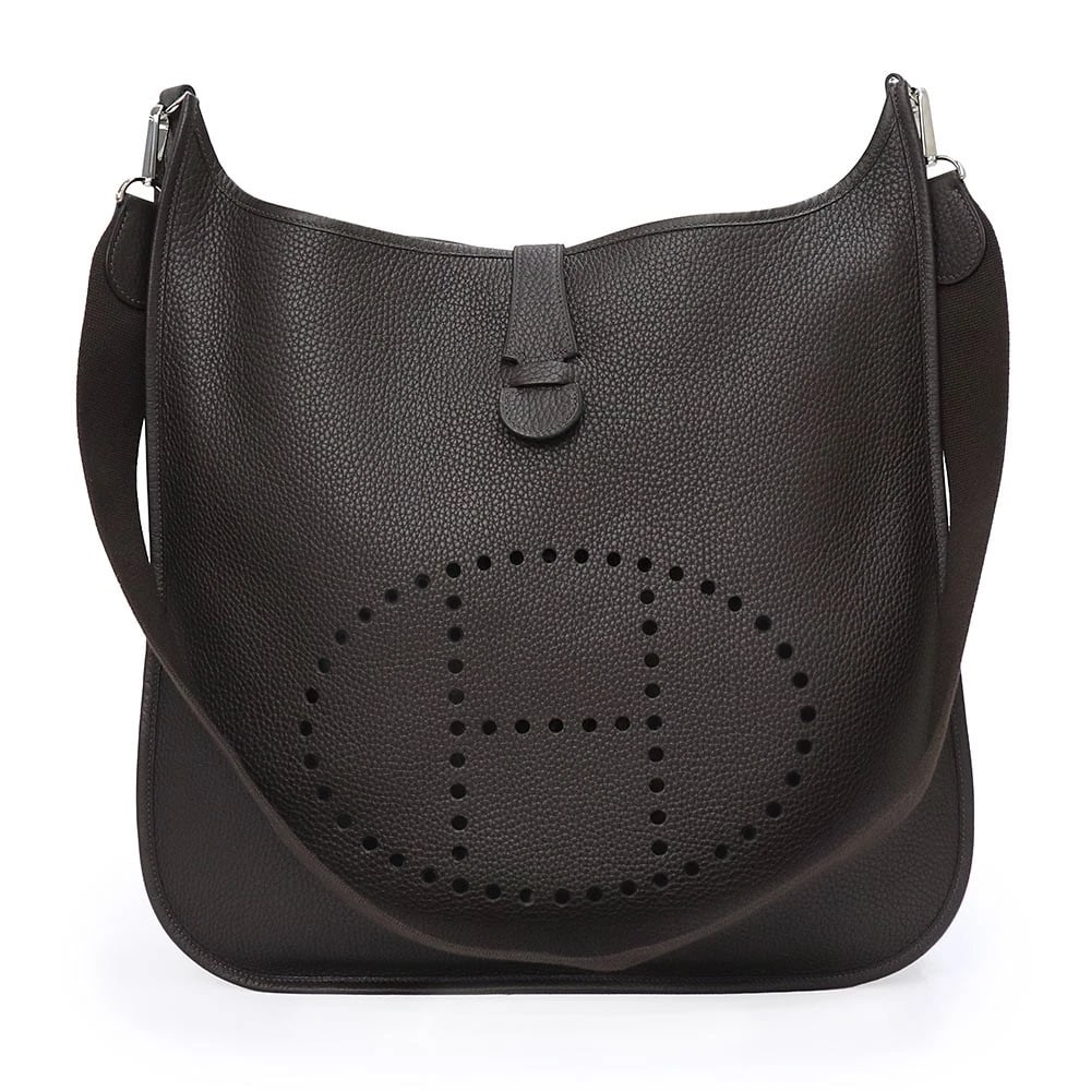 HERMES EVELYNE TGM E?TOUPE J STAMP SHOULDER BAG: HERMES Evelyne TGM E?toupe J Stamp Shoulder Bag Brand: HERMES Type/Style: Shoulder Bag Material: Taurillon Clemence Color: Ebene (Brown) Size: W: 39.5cm x H: 37cm x D: 7cm Accessories: None