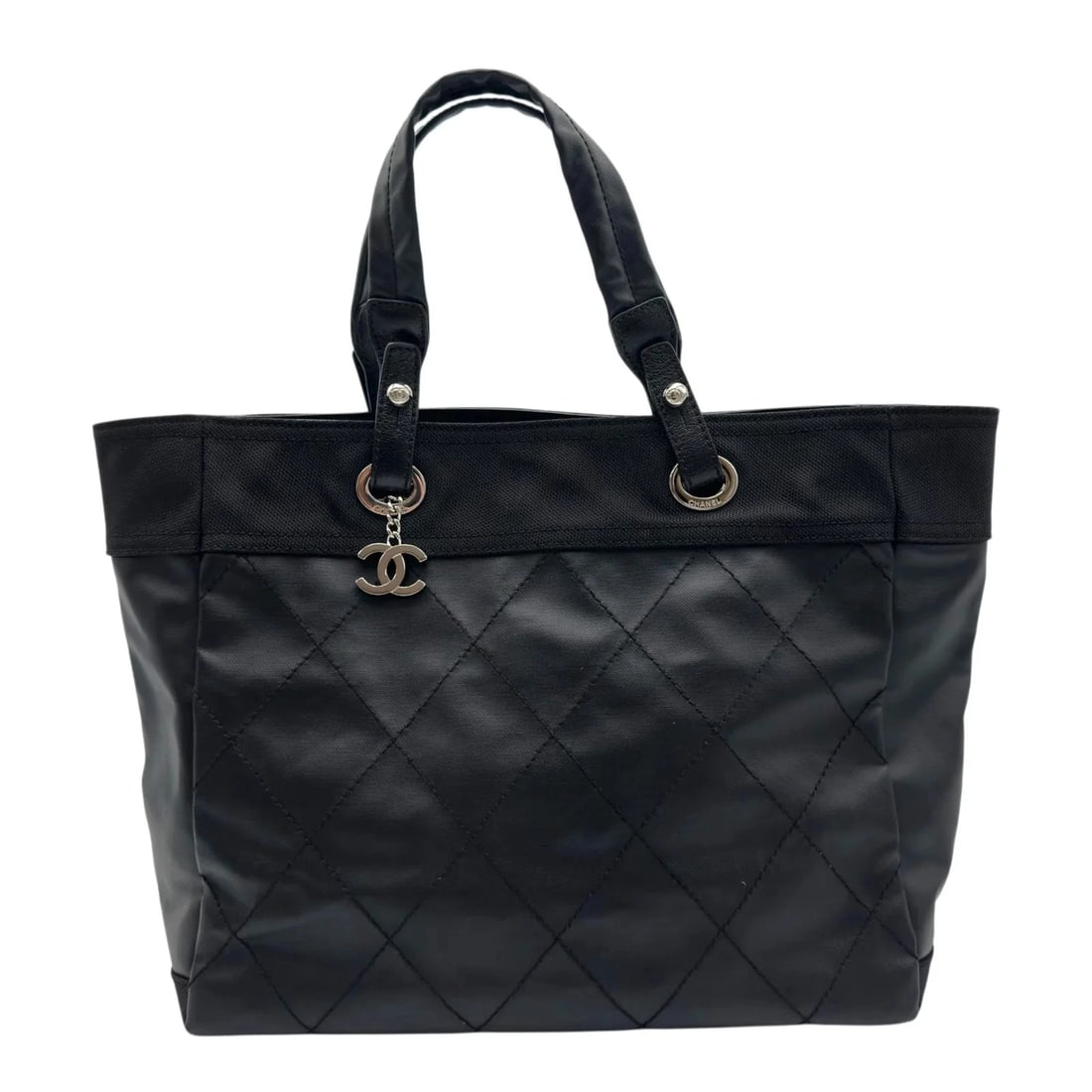 CHANEL PARIS BIARRITZ TOTE BLACK SHW COATED CANVAS: CHANEL Paris Biarritz Tote Black SHW Coated Canvas Brand: CHANEL Type/Style: Shoulder Bag Material: Coated Canvas Color: Black / SV Hardware Size: W: 34.0cm / H: 30.0cm / D: 15.0cm Accessories: None
