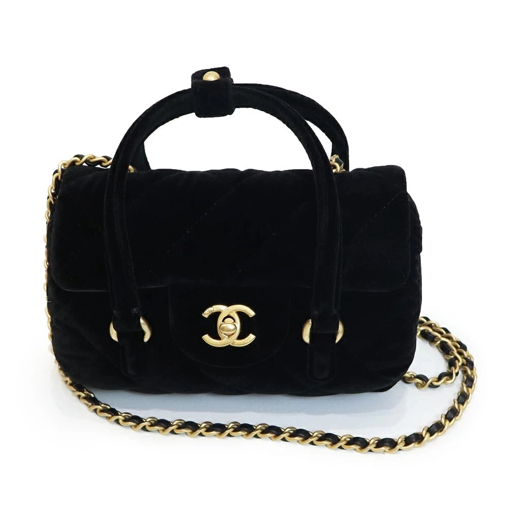 CHANEL COCO MARK MATELASSE VELVET CROSSBODY BAG: CHANEL Coco Mark Matelasse Velvet Crossbody Bag Brand: CHANEL Type/Style: Crossbody Bag Material: Velvet / Leather Color: Black Size: W: 17cm x H: 11cm x D: 10cm Accessories: None Accessor