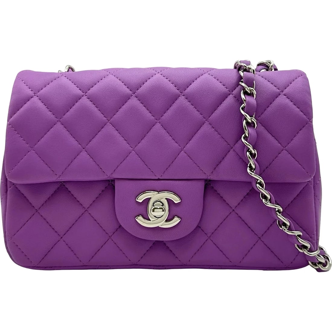 CHANEL MINI MATELASSE PURPLE SHW LAMBSKIN SHOULDER BAG: CHANEL Mini Matelasse Purple SHW Lambskin Shoulder Bag Brand: CHANEL Type/Style: Shoulder Bag Material: Lambskin Color: Purple / SV Hardware Size: W: 19.5cm / H: 12.5cm / D: 6cm Accessories: None