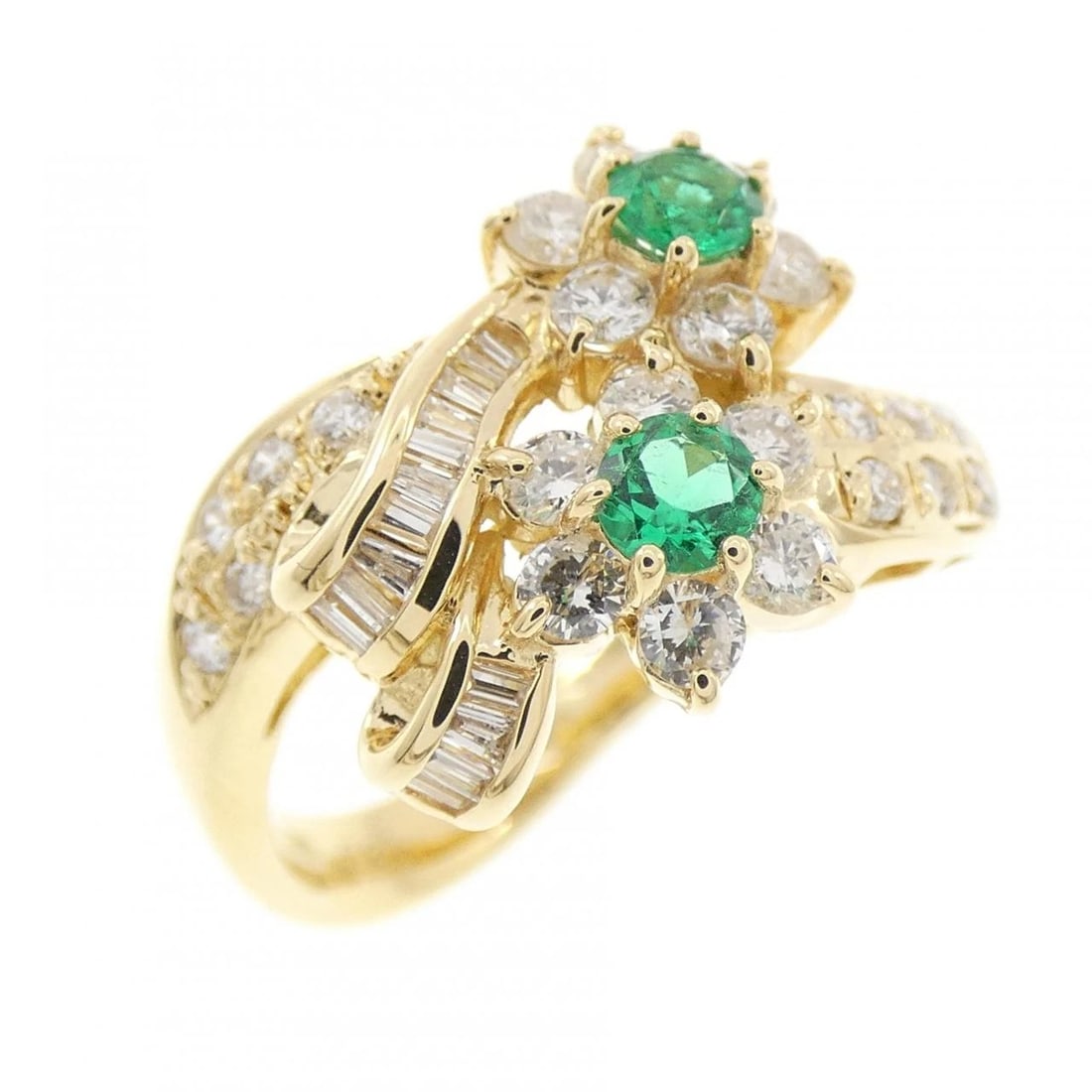 K18YG FLOWER EMERALD RING: K18YG Flower Emerald Ring Brand: Unbranded Type/Style: Emerald Ring Material: K18YG, Main Stone Emerald Color: YG Size: US5 1/4 Accessories: None Accessories Notice: When purchasing pre-owned goods,