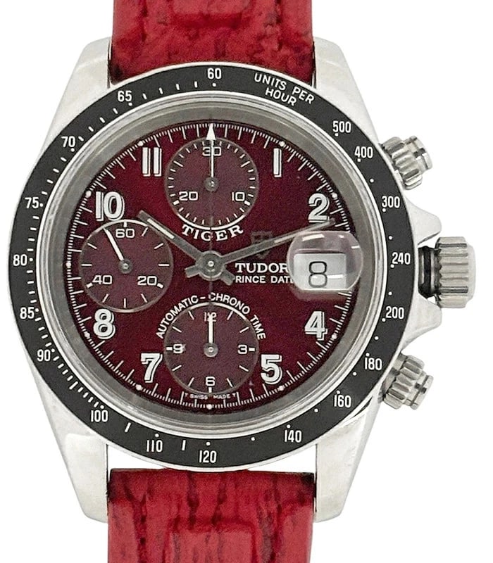 TUDOR WATCH CHRONOTIME TIGER BORDEAUX WATCH: Tudor Watch Chronotime Tiger Bordeaux Watch Brand: TUDOR Type/Style: Wristwatch Material: SS Color: BORDEAUX DIAL Size: Case size: 39mm Wrist size: Approx. 18.5cm Accessories: None Accesso