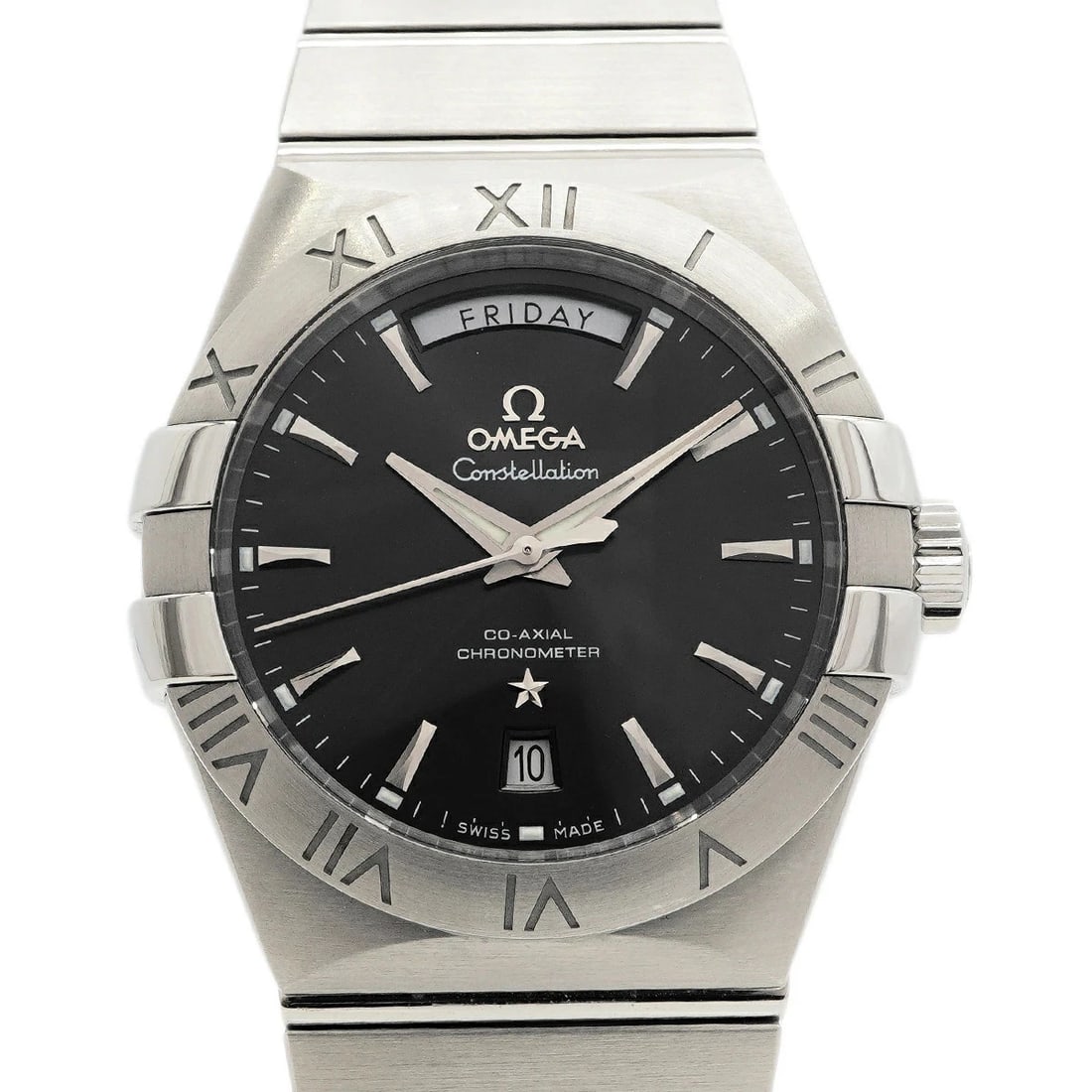 OMEGA WATCH CONSTELLATION DAY-DATE CO-AXIAL BLACK DIAL WATCH: Omega Watch Constellation Day-Date Co-Axial Black Dial Watch Brand: OMEGA Type/Style: Wristwatch Material: SS Color: BLACK DIAL Size: Case size: 38mm Wrist size: Approx. 17.5cm Accessories: None <