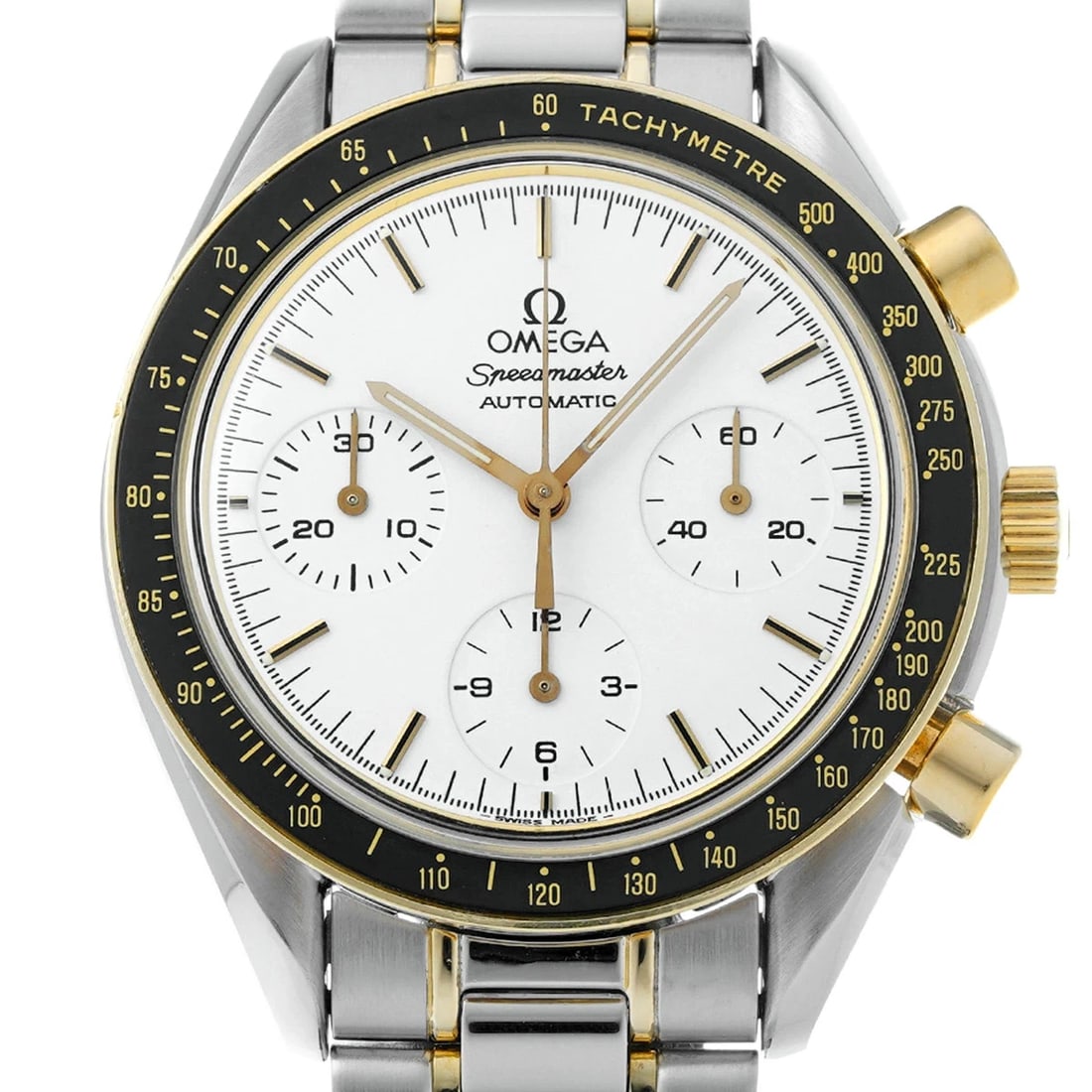 OMEGA WATCH SPEEDMASTER AUTOMATIC WATCH: Omega Watch Speedmaster Automatic Watch Brand: OMEGA Type/Style: Wristwatch Material: Stainless Steel/Yellow Gold Color: WHITE DIAL Size: Case size: 39mm Wrist size: Approx. 19cm Accessories: None