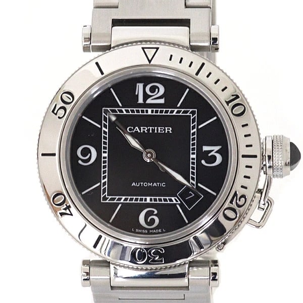 CARTIER WATCH PASHA BLACK DIAL STAINLESTEEL AUTOMATIC WATCH: Cartier Watch Pasha Black Dial Stainlesteel Automatic Watch Brand: CARTIER Type/Style: Wristwatch Material: SS Color: BLACK DIAL Size: Case size: 40.2mm Wrist size: Approx. 17.5cm Accessories: None