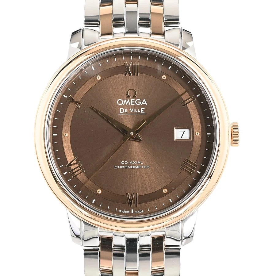 OMEGA WATCH DE VILLE PRESTIGE AUTOMATIC DATE BROWN WATCH: Omega Watch De Ville Prestige Automatic Date Brown Watch Brand: OMEGA Type/Style: Wristwatch Material: SS/Red gold Color: BROWN Size: Case size: 39.5mm Wrist size: Approx. 19.5cm Accessories: None