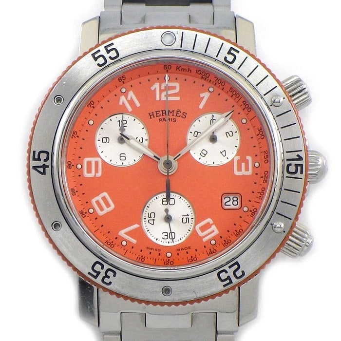 HERMES WATCH CLIPPER DIVER ORANGE DIAL DATE CHRONOGRAPH WATCH: Hermes Watch Clipper Diver Orange Dial Date Chronograph Watch Brand: HERMES Type/Style: Wristwatch Material: SS Color: ORANGE DIAL Size: Case size: 40mm Wrist size: Approx. 17.5cm Accessories: Non