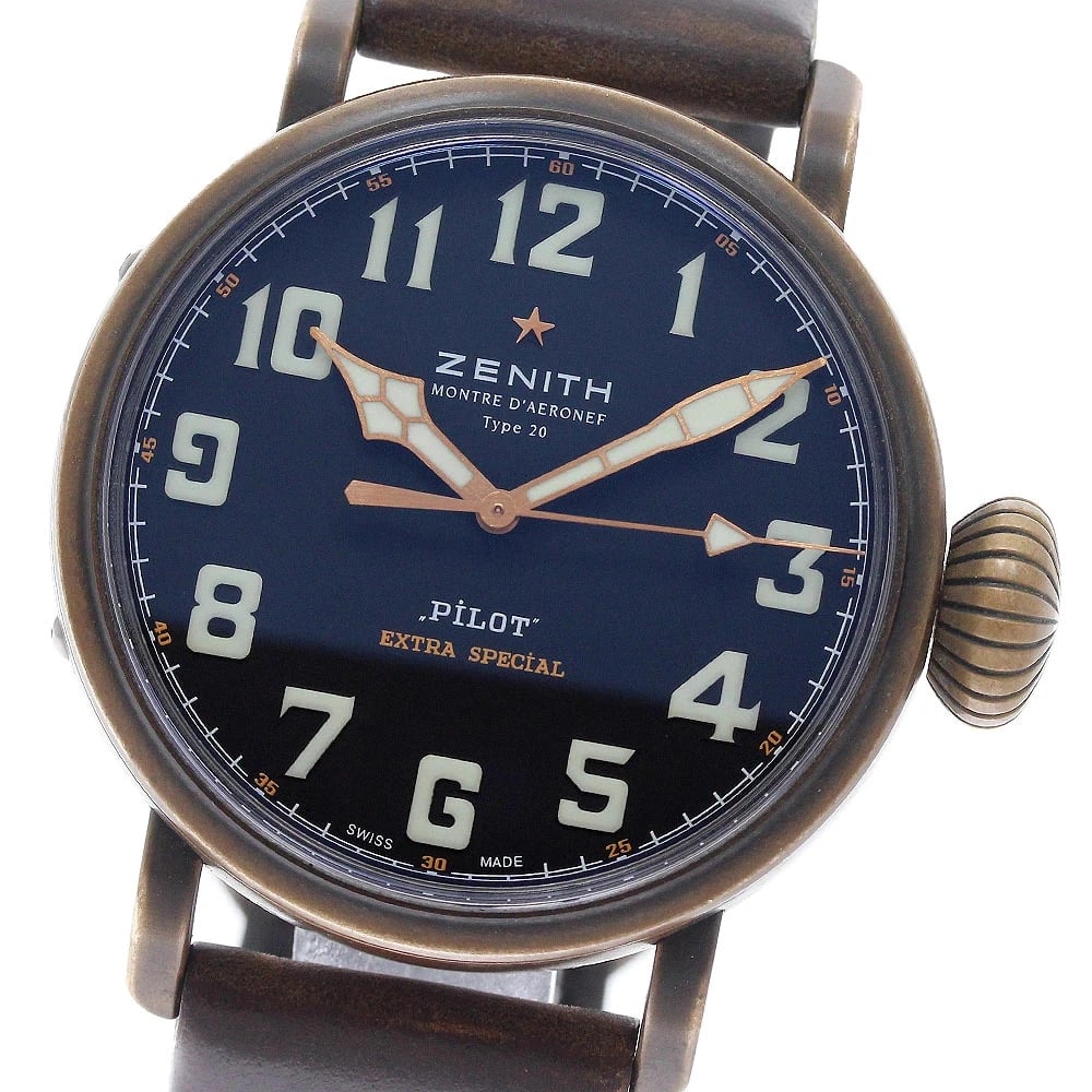 ZENITH WATCH PILOT TYPE 20 EXTRA SPECIAL AUTOMATIC BLACK DIAL WATCH: Zenith Watch Pilot Type 20 Extra Special Automatic Black Dial Watch Brand: ZENITH Type/Style: Wristwatch Material: Bronze Color: BLACK DIAL Size: Case size: 45mm Wrist size: Approx. 20.5cm