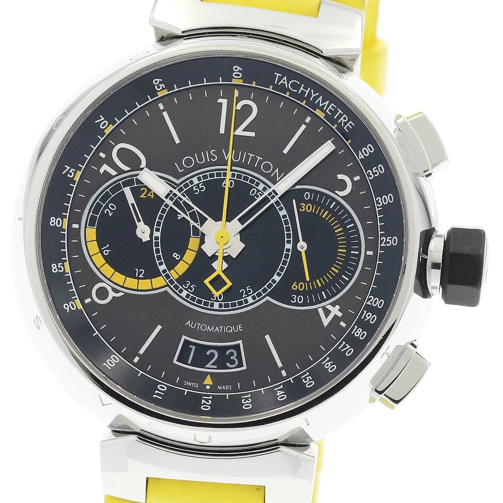 LOUIS VUITTON WATCH TAMBOUR CHRONOGRAPH VOYAGE AUTOMATIC WATCH: Louis Vuitton Watch Tambour Chronograph Voyage Automatic Watch Brand: LOUIS VUITTON Type/Style: Wristwatch Material: SS/Rubber Color: BROWN/BLACK Size: Case size: 43mm Wrist size: Approx. 20cm Acc
