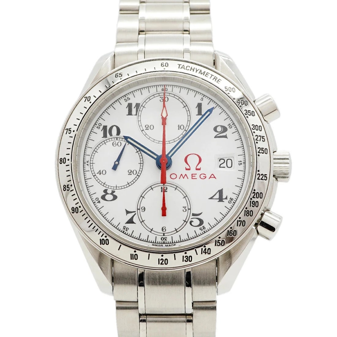 OMEGA SPEEDMASTER CHRONOGRAPH AUTOMATIC WHITE DIAL WATCH: Omega Speedmaster Chronograph Automatic White Dial Watch Brand: OMEGA Type/Style: Wristwatch Material: Stainless steel Color: WHITE DIAL Size: Case size: 39.1 mm Wrist size: 18 cm Accessories: Non