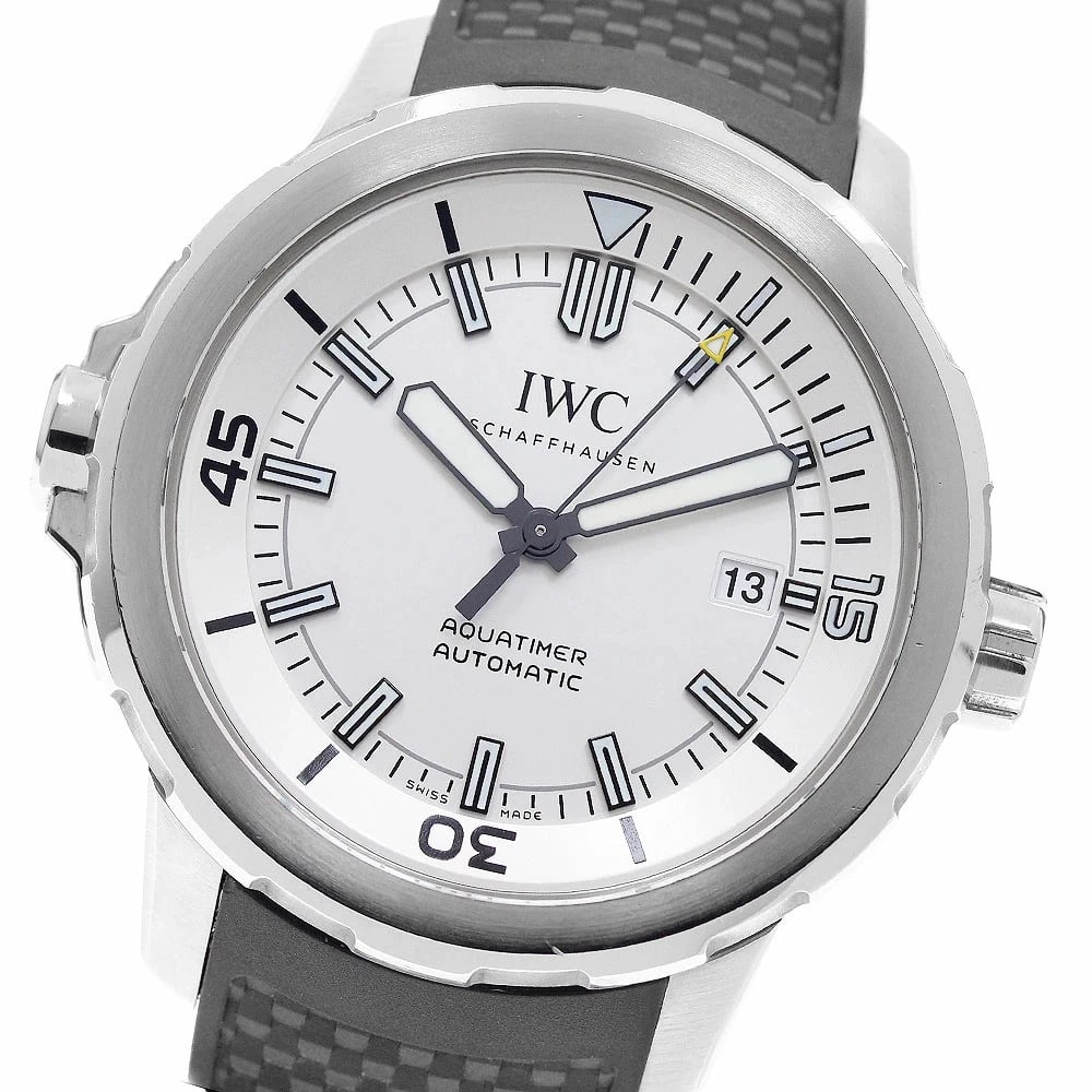 IWC WATCH SCHAFFHAUSEN AQUATIMER DATE AUTOMATIC WATCH: Iwc Watch Schaffhausen Aquatimer Date Automatic Watch Brand: IWC Type/Style: Wristwatch Material: SS/Rubber Color: SILVER DIAL Size: Case size: 44mm Wrist size: Approx. 20.5cm Accessories: None