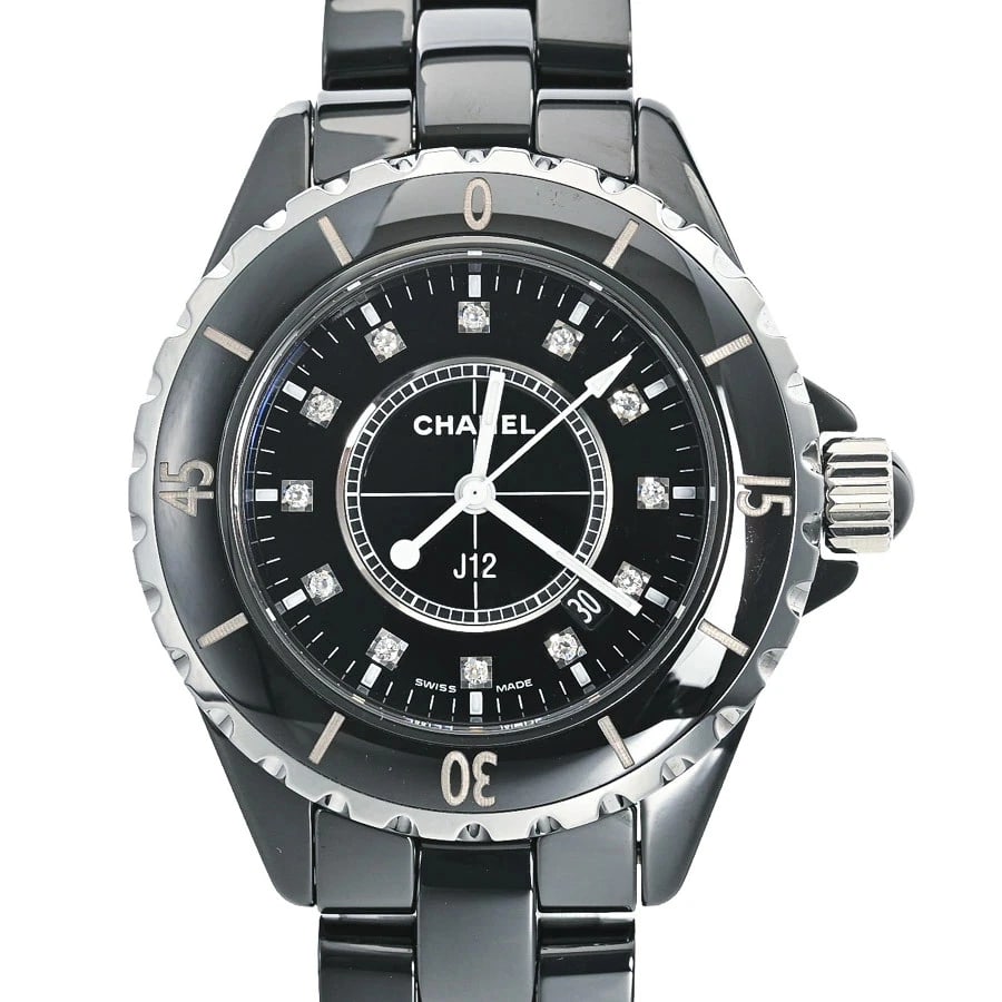 CHANEL WATCH J12 12P DIAMOND QUARTZ MOVEMENT DATE BLACK WATCH: Chanel Watch J12 12P Diamond Quartz Movement Date Black Watch Brand: CHANEL Type/Style: Wristwatch Material: Ceramic Color: BLACK Size: Case size: 33mm Wrist size: Approx. 16.5cm Accessories: None
