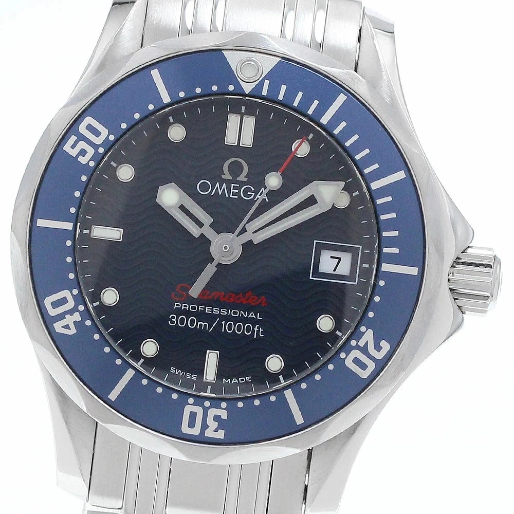 OMEGA WATCH SEAMASTER 300 DATE QUARTZ NAVY DIAL WATCH: Omega Watch Seamaster 300 Date Quartz Navy Dial Watch Brand: OMEGA Type/Style: Wristwatch Material: SS Color: NAVY DIAL Size: Case size: 28mm Wrist size: Approx. 16cm Accessories: None Acc