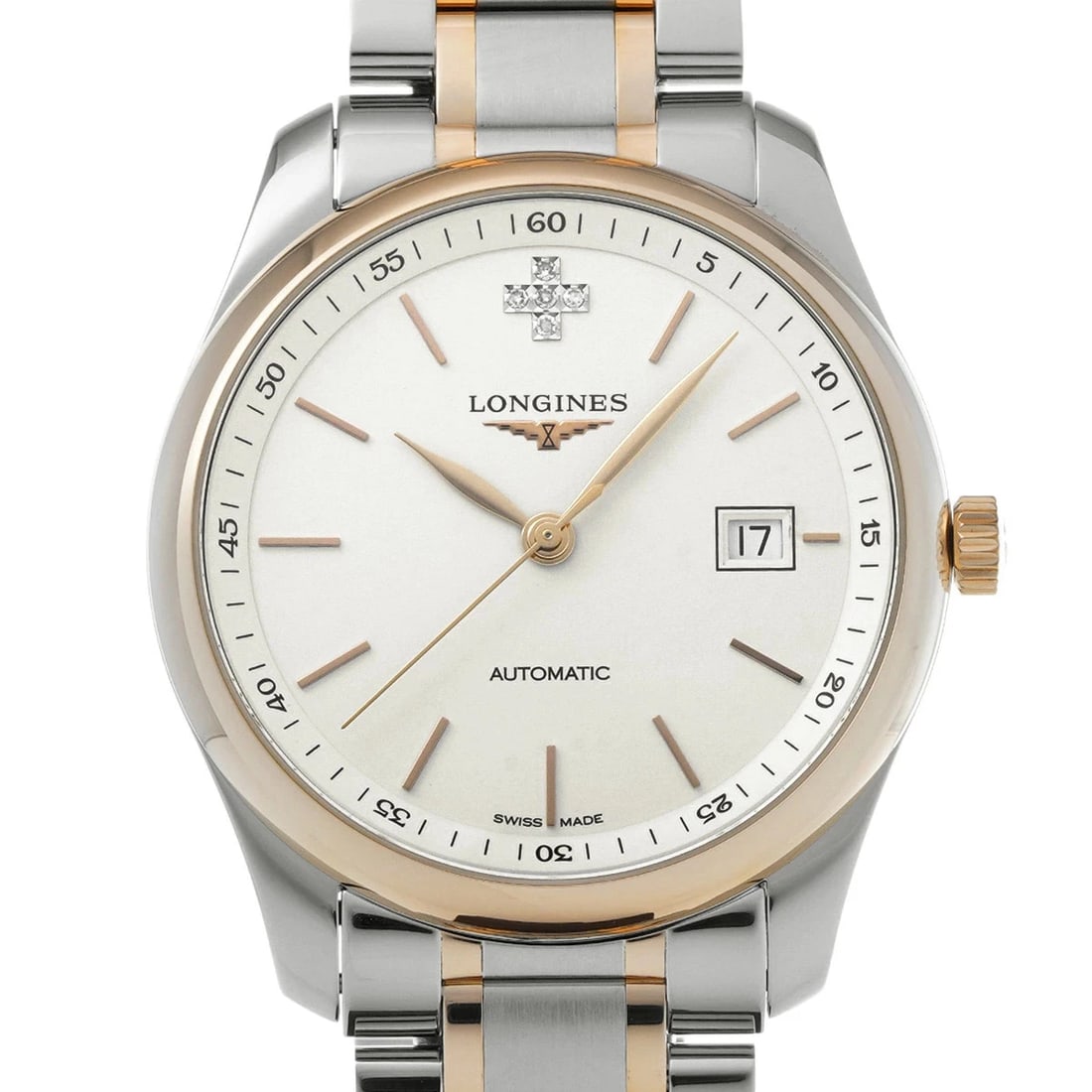 LONGINES WATCH MASTER COLLECTION AUTOMATIC WHITE/DIAMOND WATCH: Longines Watch Master Collection Automatic White/Diamond Watch Brand: LONGINES Type/Style: Wristwatch Material: SS/Rose Gold Color: WHITE Size: Case size: 40mm Wrist size: Approx. 20cm Accessories