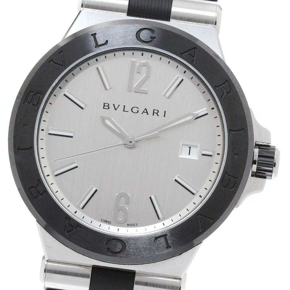 BVLGARI WATCH DIAGONO DATE AUTOMATIC WATCH: Bvlgari Watch Diagono Date Automatic Watch Brand: BVLGARI Type/Style: Wristwatch Material: Stainless Steel/Ceramic Color: SILVER Size: Case size: 42mm Wrist size: Approx. 20.5cm Accessories: None