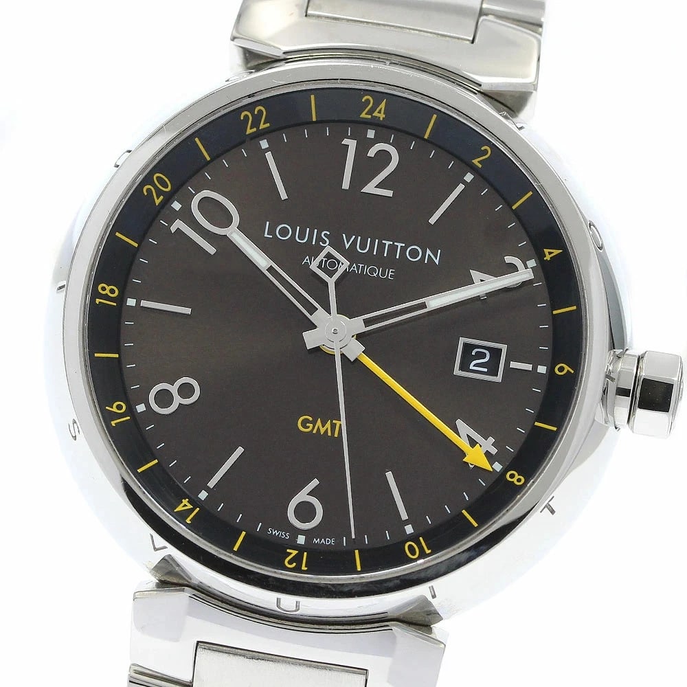 LOUIS VUITTON WATCH TAMBOUR GMT DATE AUTOMATIC WATCH: Louis Vuitton Watch Tambour Gmt Date Automatic Watch Brand: LOUIS VUITTON Type/Style: Wristwatch Material: SS Color: BROWN Size: Case size: 41mm Wrist size: Approx. 18cm Accessories: None