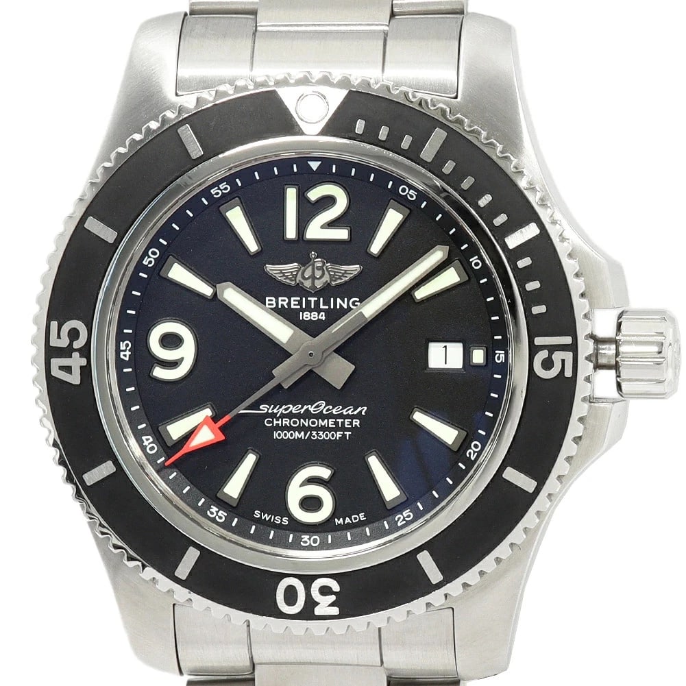 BREITLING WATCH SUPEROCEAN AUTOMATIC WATCH: Breitling Watch Superocean Automatic Watch Brand: BREITLING Type/Style: Wristwatch Material: SS Color: BLACK DIAL Size: Case size: 46mm Wrist size: 21cm Accessories: None Accessories Notice: When
