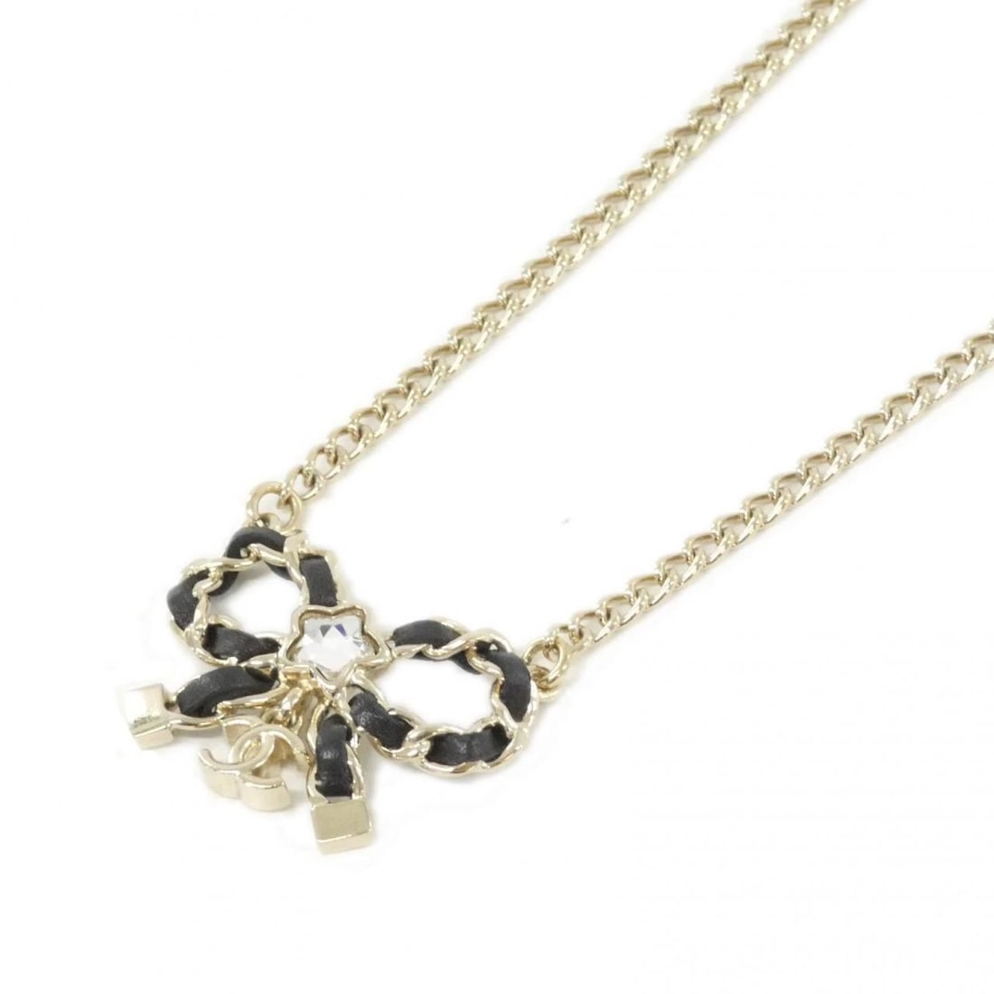 CHANEL NECKLACE: Chanel Necklace Brand: CHANEL Type/Style: Chanel Necklace Material: Calfskin, Color: BLACK+CRYSTAL / GOLD Metal Size: Length: 40-46mm cm Motif width x height: 3mm cm x 2mm cm Accessories: None