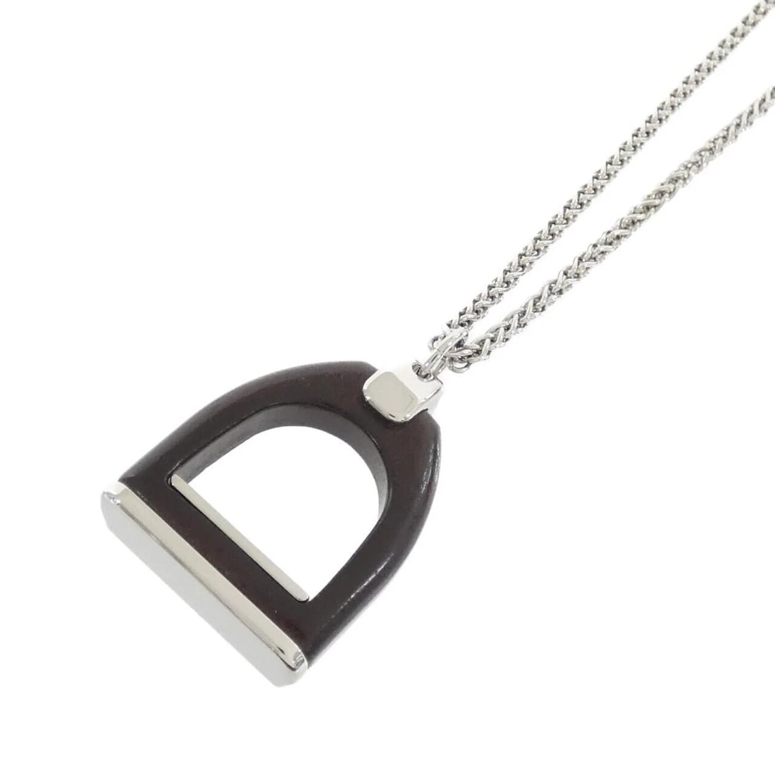 HERMES ETRIER VULCANIUM NECKLACE: Hermes Etrier Vulcanium Necklace Brand: HERMES Type/Style: Hermes Necklace Material: Vulcanium, Color: BROWN / PALLADIUM (SILVER) / Palladium (Silver) Metal Size: Length: 68.5 cm Top Width x Height: