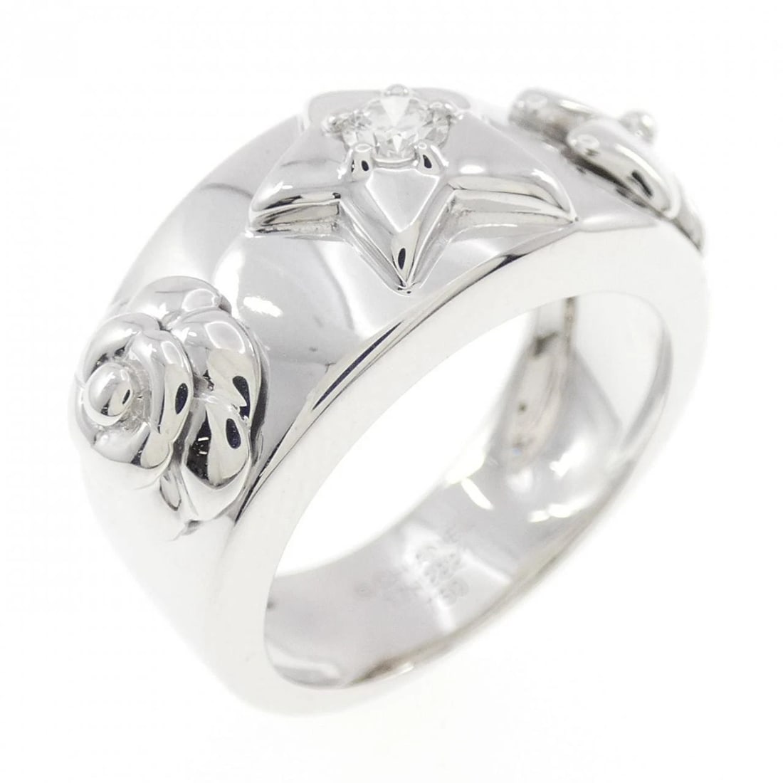 CHANEL THREE SYMBOLS RING: Chanel Three Symbols Ring Brand: CHANEL Type/Style: Chanel Ring Material: 750 white gold, Main Stone Natural Color: white gold Size: US6 1/4 Accessories: None Accessories Notice: When purchasing