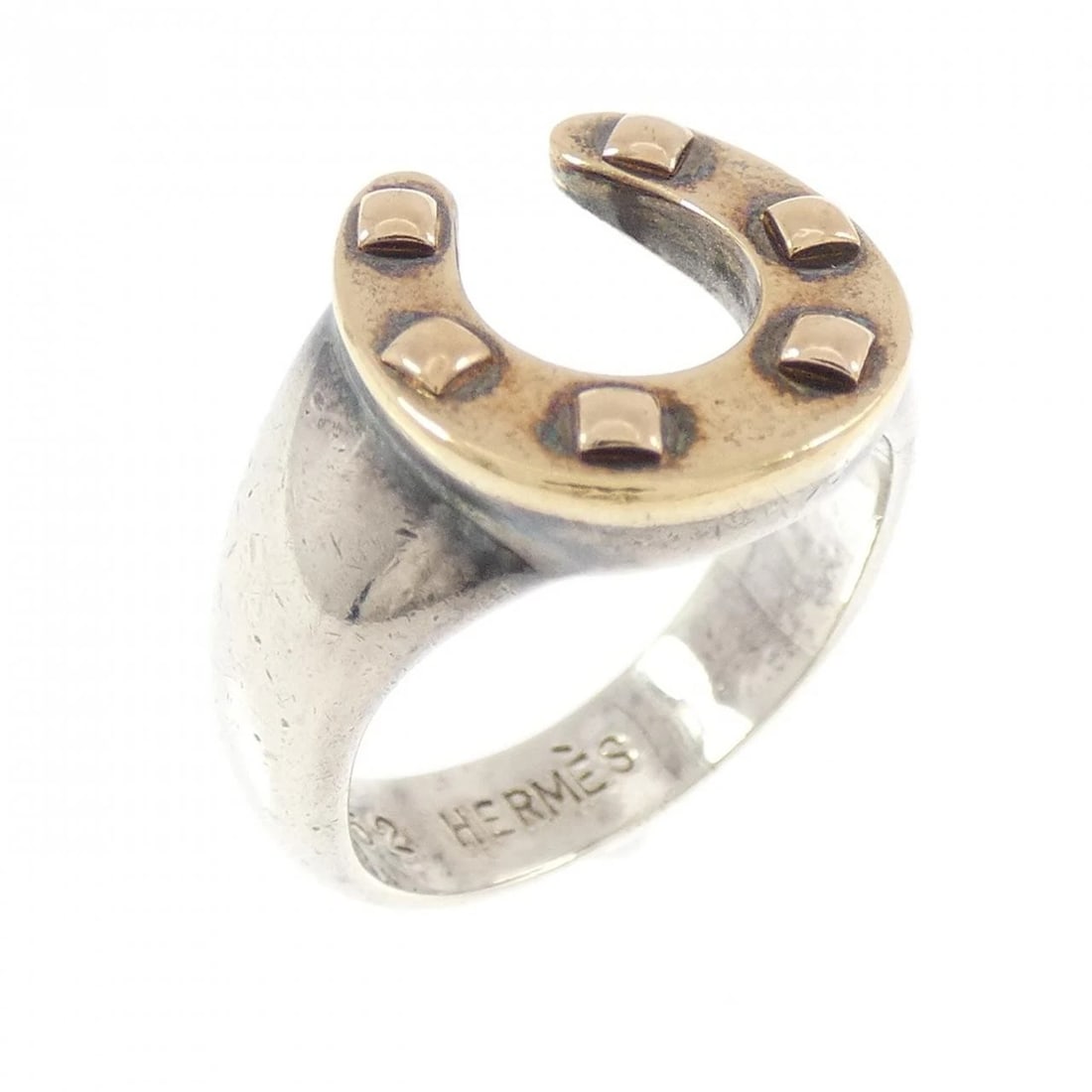 HERMES PORTE BONHEUR RING: Hermes Porte Bonheur Ring Brand: HERMES Type/Style: Hermes Ring Material: Hall mark, Color: Silver Size: US6 1/4(52) Accessories: None Accessories Notice: When purchasing pre-owned goods,