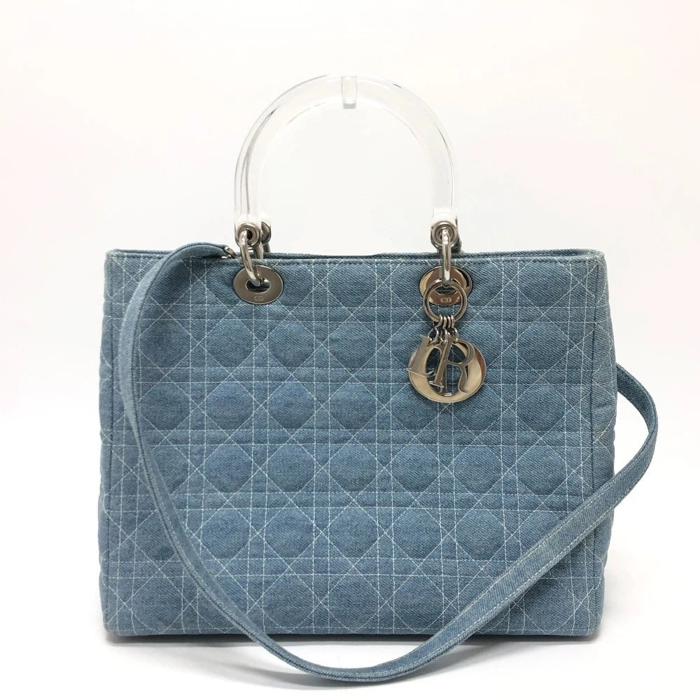 CHRISTIAN DIOR CANNAGE MEDIUM BAG: CHRISTIAN DIOR Cannage MEDIUM Bag Brand: Dior Type/Style: Hand Bag Material: Canvas Color: blue / SilverHardware Size: W12.4xH10.0xD3.5inch / W31.5cmxH25.5cmxD9cm Handle: 10.6inch / 27cm Accessories: