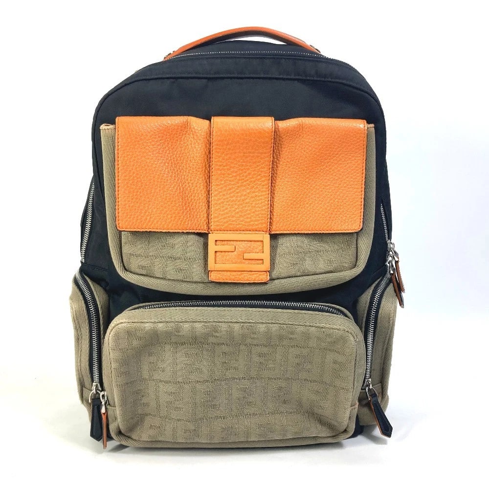 FENDI BACKPACK ZUCCA MULTI BAG: FENDI Backpack Zucca multi Bag Brand: FENDI Type/Style: Backpack Material: Nylon / Canvas Color: Blackxorange x khaki Size: W12.6xH16.1xD4.1inch / W32cmxH41cmxD10.5cm Accessories: None Acc