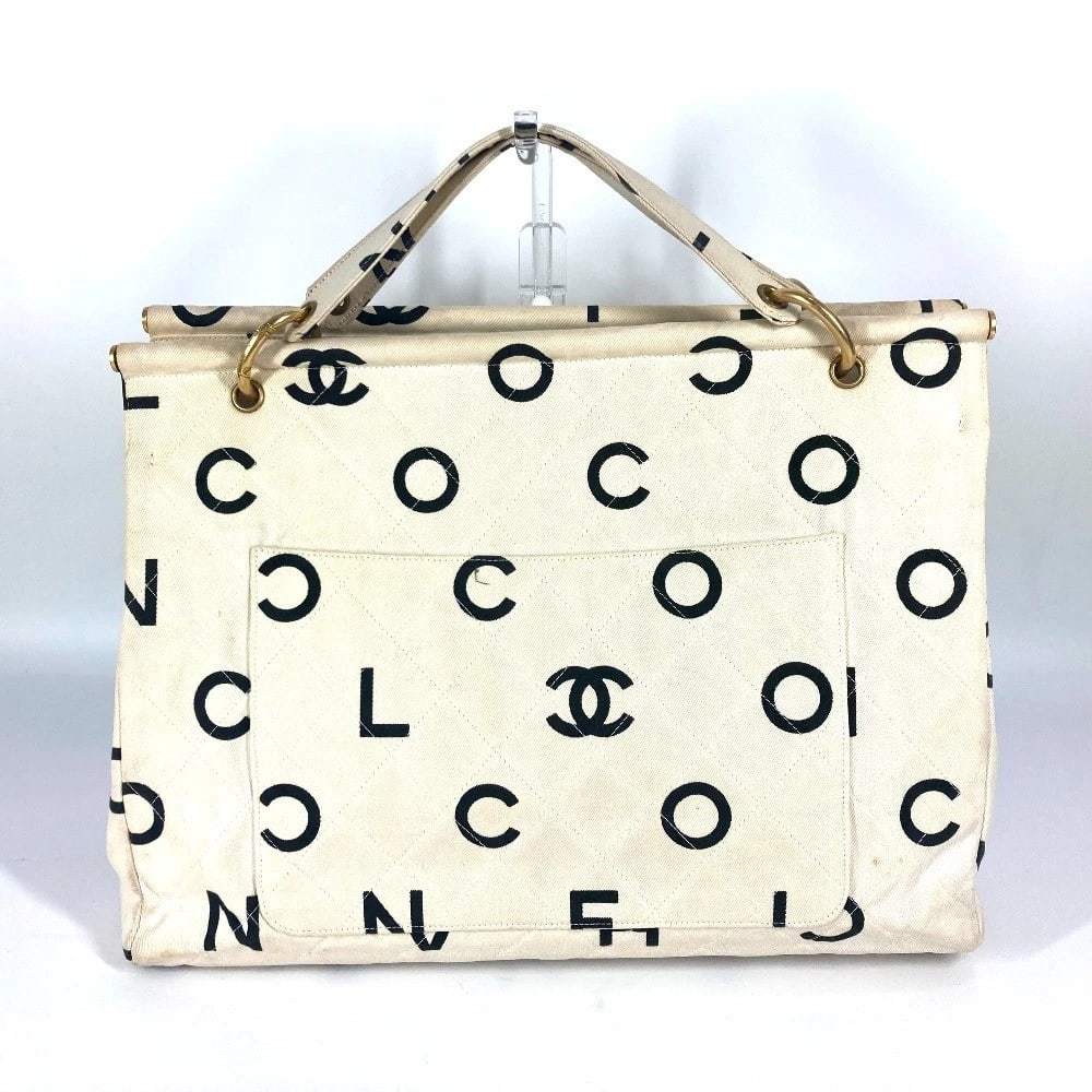CHANEL LOGO PATTERN BAG TOTE BAG HAND BAG: CHANEL Logo pattern Bag Tote Bag Hand Bag Brand: CHANEL Type/Style: Hand Bag Material: Canvas Color: White / Black Size: W15.7xH11.8inch / W40cmxH30cm Accessories: None Accessories Notice: