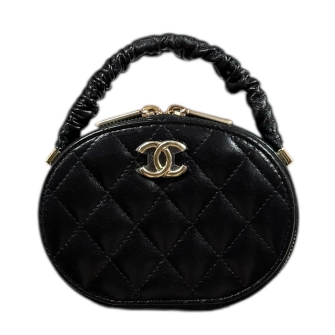 CHANEL HANDBAG LEATHER VANITY BAG: CHANEL Handbag leather Vanity bag Brand: CHANEL Type/Style: Handbag Material: Exterior Material leather Color: Exterior color black Size: W5.1 x H3.9 x D2.0inch Handle:7.1inch Accessories: None