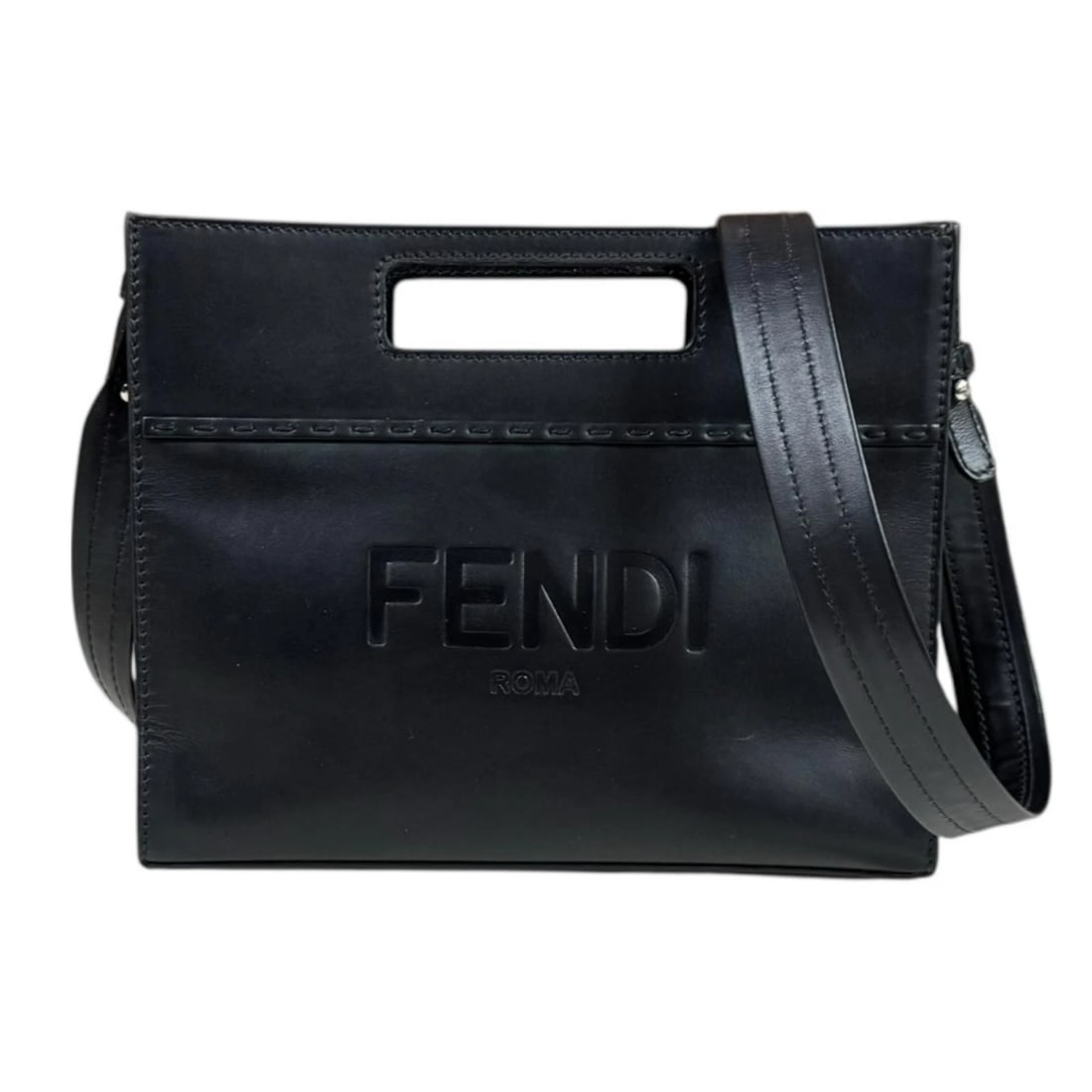 FENDI SHOULDER BAG LEATHER 2WAY SHOPPER SMALL: FENDI Shoulder Bag leather 2way Shopper Small Brand: FENDI Type/Style: Shoulder Bag Material: Exterior Material leather Color: Exterior color black Size: W9.1 x H7.5 x D1.6inch Accessories: None <