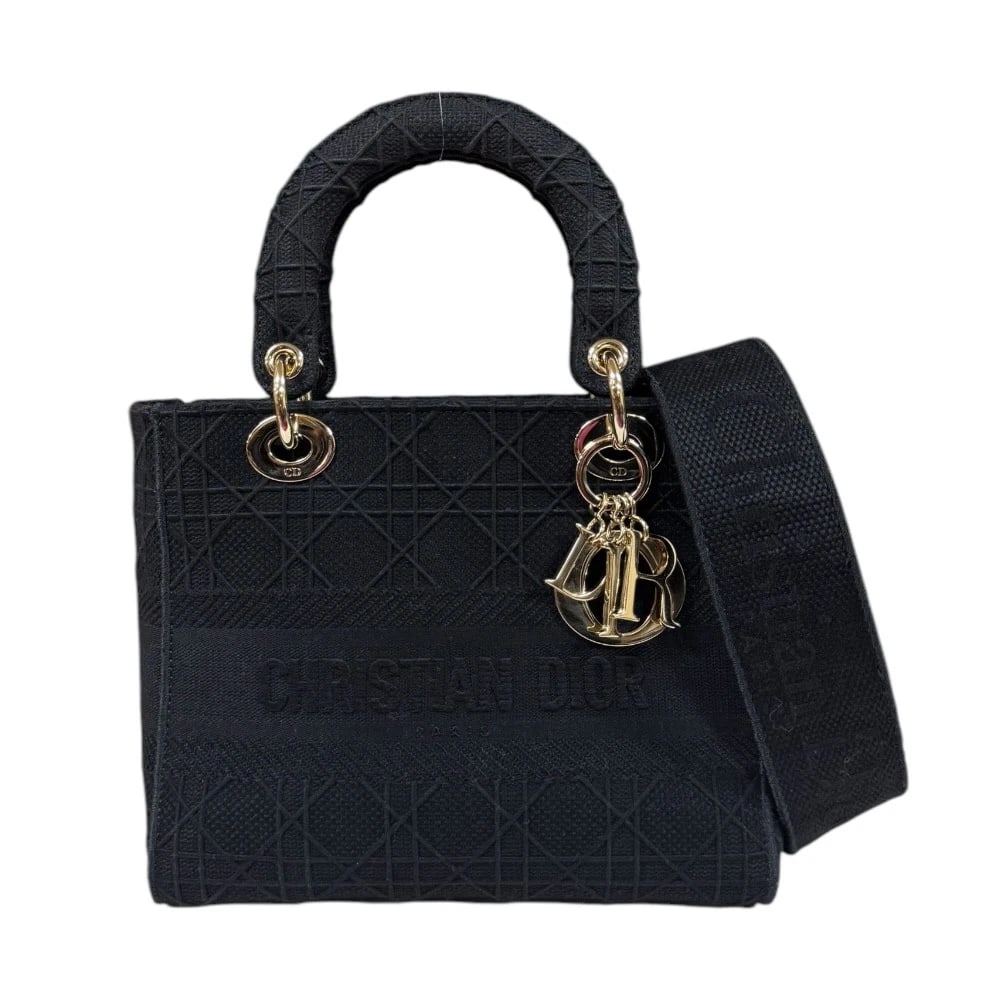 DIOR SHOULDER BAG CANVAS 2WAY LADY D-LITE MEDIUM: Dior Shoulder Bag canvas 2WAY Lady D-Lite Medium Brand: Dior Type/Style: Shoulder Bag Material: Exterior Material canvas Color: Exterior color black Size: W9.3 x H7.9 x D4.7inch Handle:11.8inch Ac
