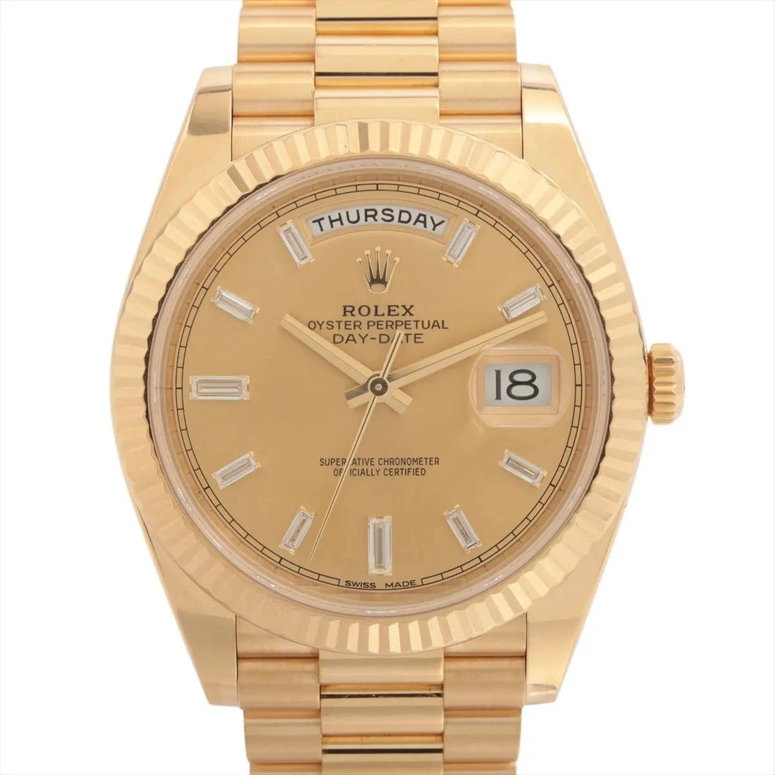 ROLEX DAY-DATE 40 YG AT CHAMPAGNE WATCH: Rolex Day-Date 40 Yg At Champagne Watch Brand: Rolex Type/Style: Wristwatch Material: YG Color: Dial Color Champagne Size: Case:W1.6 x H1.6inch / W40 x H40 Circumference of Wrist:7.3inch / 18.5 Ac
