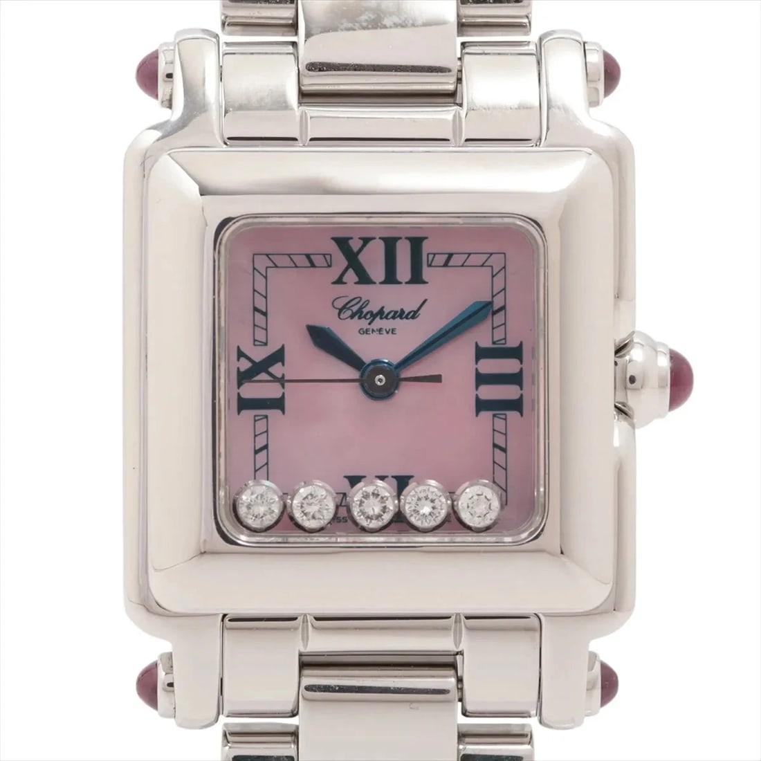 CHOPARD HAPPY SPORT SS QZ PINK DIAL WATCH: Chopard Happy Sport Ss Qz Pink Dial Watch Brand: Chopard Type/Style: Wristwatch Material: SS Color: Dial Color Pink shell Size: Case:W0.8 x H1.2inch / W23 x H31 Circumference of Wrist:6.3inch / 16