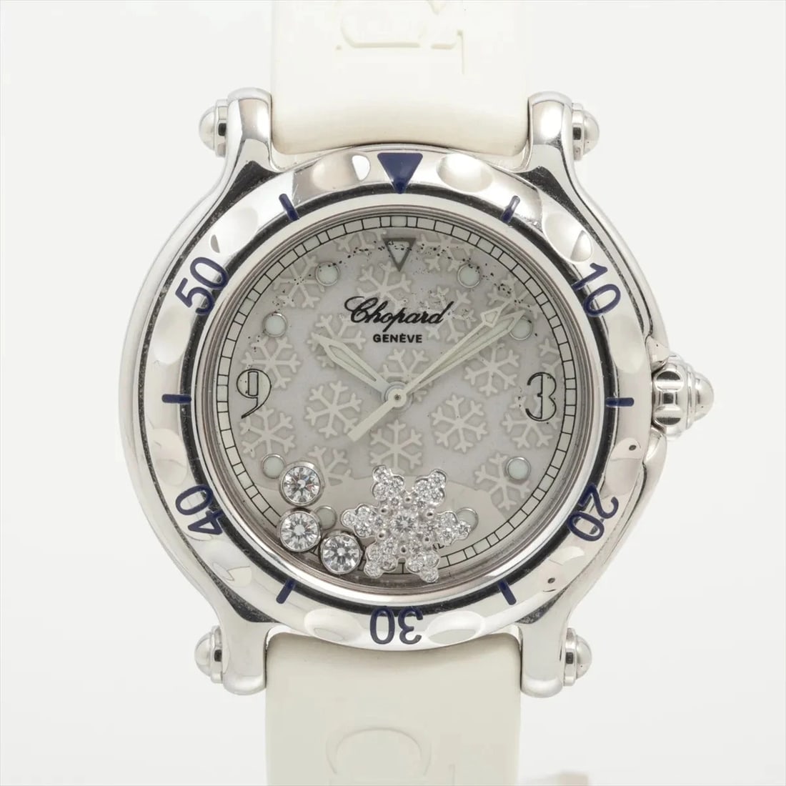CHOPARD HAPPY SPORT SNOWFLAKE SS & RUBBER QZ WHITE DIAL WATCH: Chopard Happy Sport Snowflake Ss & Rubber Qz White Dial Watch Brand: Chopard Type/Style: Wristwatch Material: SS & Rubber Color: Dial Color White Size: Case:W0.8 x H0.8inch / W29 x H29 Circumference