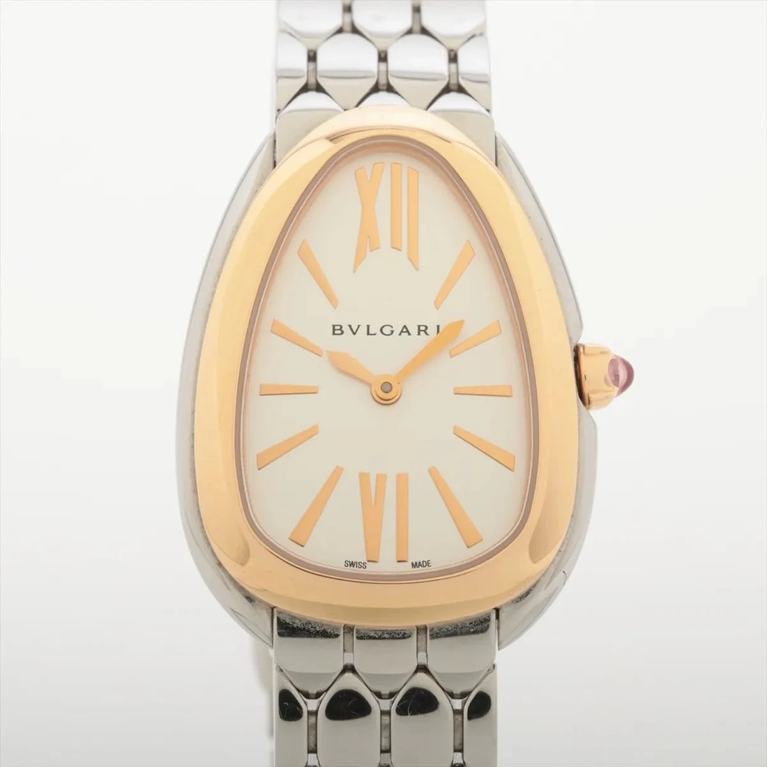 BVLGARI SERPENTI CEDUTTORI QZ SILVER WATCH: Bvlgari Serpenti Ceduttori Qz Silver Watch Brand: Bvlgari Type/Style: Wristwatch Material: SS?YG Color: Dial Color Silver Size: Case:W0.8 x H1.2inch / W25 x H32 Circumference of Wrist:6.3inch / 16
