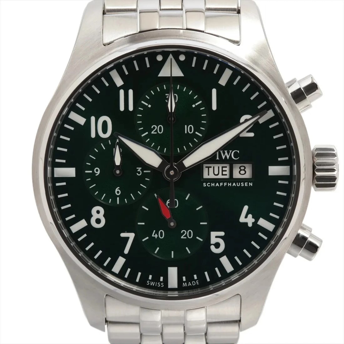 IWC PILOT WATCH CHRONOGRAPH SS AT GREEN WATCH: Iwc Pilot Watch Chronograph Ss At Green Watch Brand: IWC Type/Style: Wristwatch Material: SS Color: Dial Color Green Size: Case:W1.6 x H1.6inch / W40 x H40 Circumference of Wrist:6.9inch / 17.4 Ac