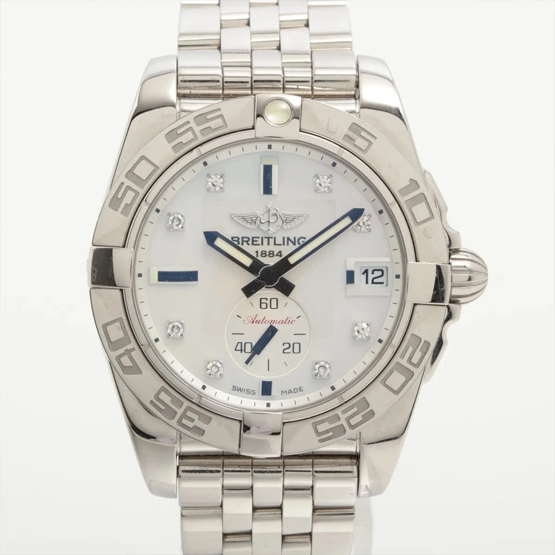 BREITLING GALACTIC SS AT WHITE SHELL DIAL WATCH: Breitling Galactic Ss At White Shell Dial Watch Brand: Breitling Type/Style: Wristwatch Material: SS Color: Dial Color white shell Size: Case:W1.2 x H1.2inch / W35 x H35 Circumference of