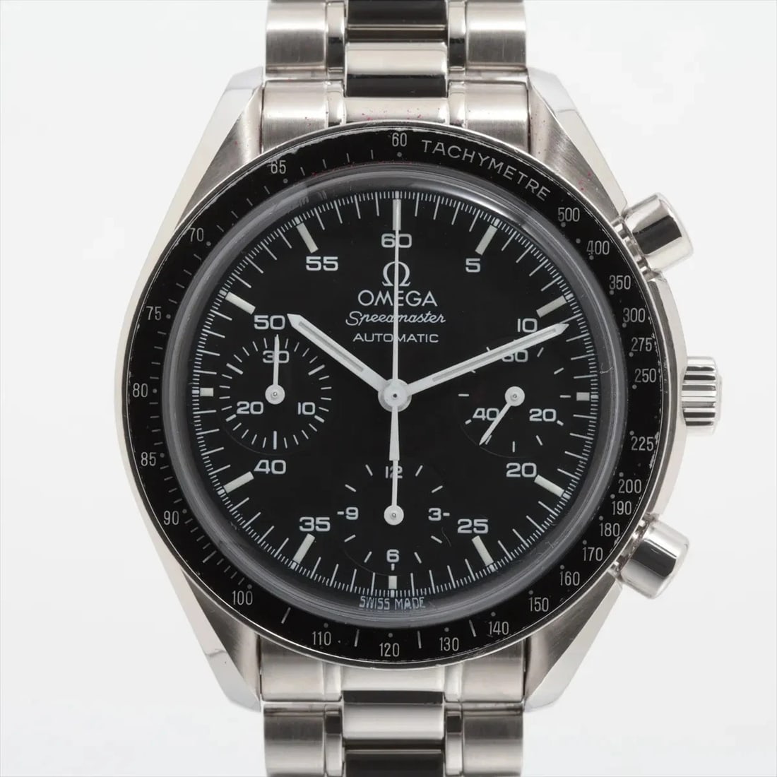 OMEGA SPEEDMASTER AUTOMATIC SS AT BLACK DIAL WATCH: Omega Speedmaster Automatic Ss At Black Dial Watch Brand: Omega Type/Style: Wristwatch Material: SS Color: Dial Color Black Size: Case:W1.2 x H1.2inch / W39 x H39 Circumference of Wrist:7.7inch / 19.5